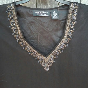 New York City Beaded Black Silk Long Sleeve Top Md